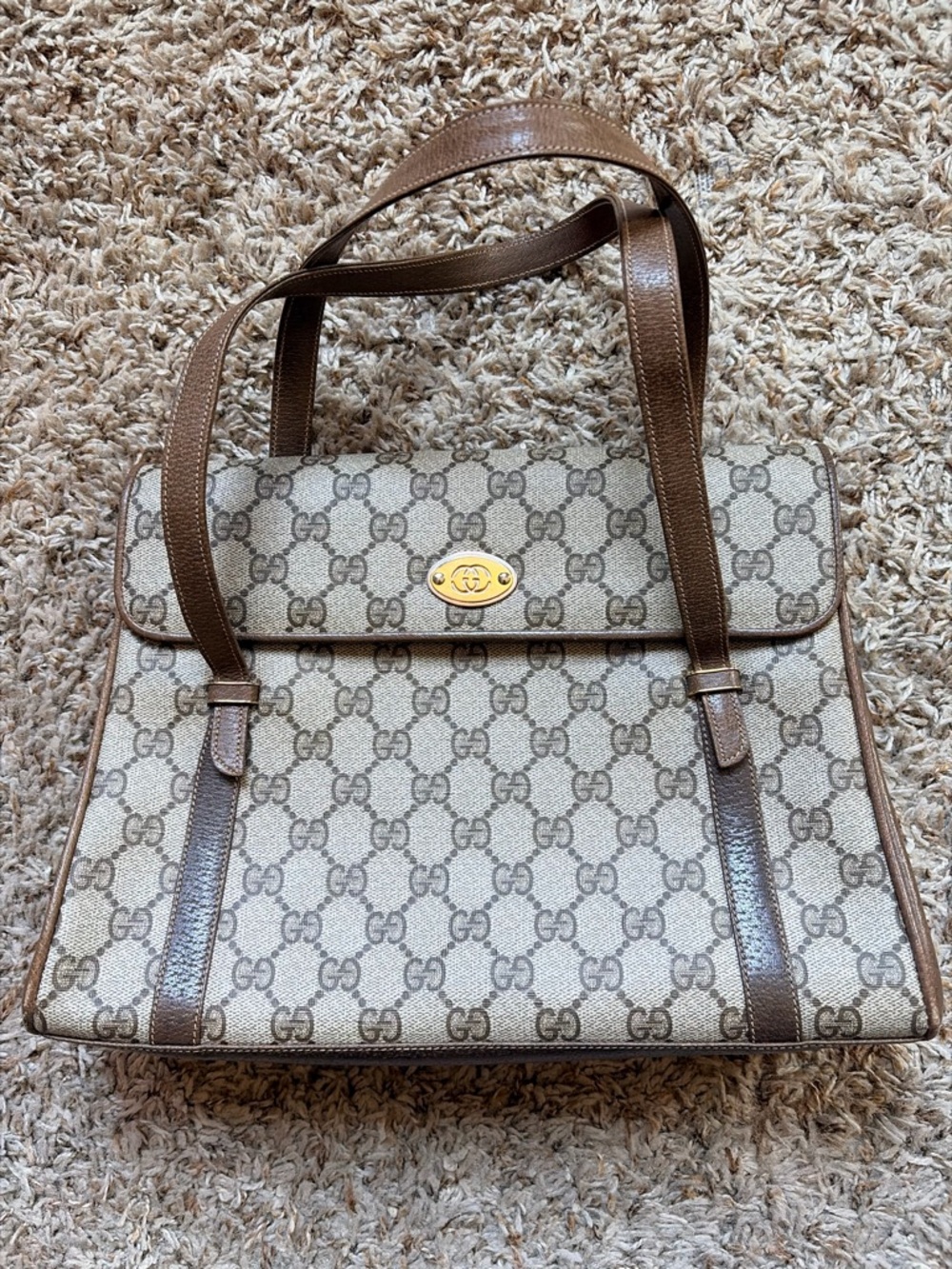 Vintage Gucci Bag with Brown Leather Trim and Gold Plaque